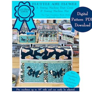 May include: A digital sewing pattern for a sewing machine dust cover and mat. The pattern features a butterfly design with a blue, green, and black color scheme. The pattern is available for download as a PDF. The pattern fits machines up to 18 inches wide.