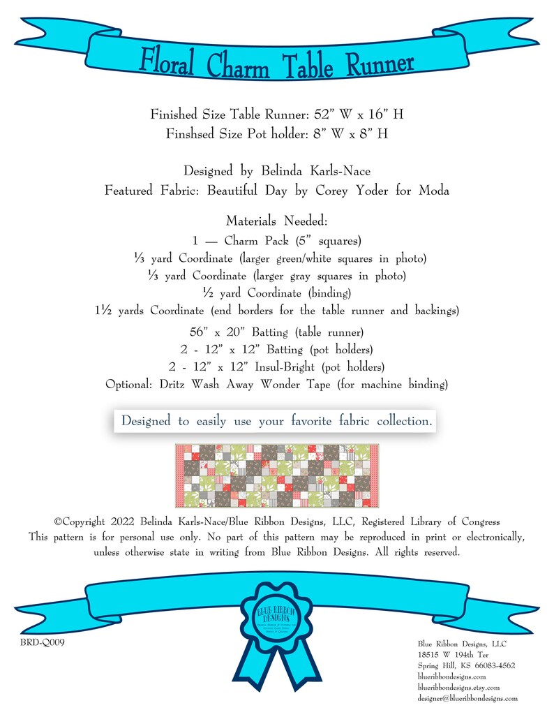 Floral Charm Table Runner and Pot Holders Quilt Pattern - Digital Pattern PDF Download
