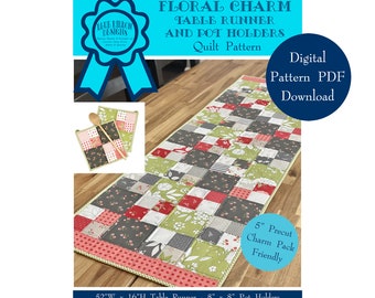 Floral Charm Table Runner and Pot Holders Quilt Pattern - Digital Pattern PDF Download