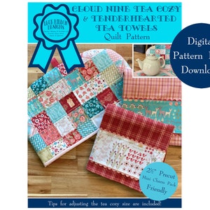 Puede incluir: Un patrón de acolchado digital para un calentador de té y toallas de té. El patrón presenta un esquema de color rojo, blanco y azul con un diseño floral y geométrico. El patrón es compatible con precortados e incluye consejos para ajustar el tamaño del calentador de té.