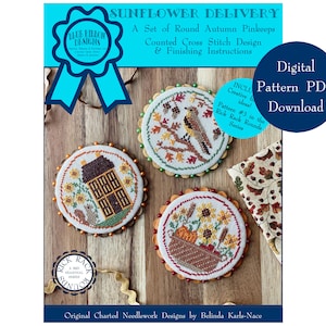 May include: A set of three counted cross stitch patterns featuring autumn themes. The patterns are titled "Sunflower Delivery" and are part of the "Rick Rack Rounds" series. The patterns are available as a digital PDF download.