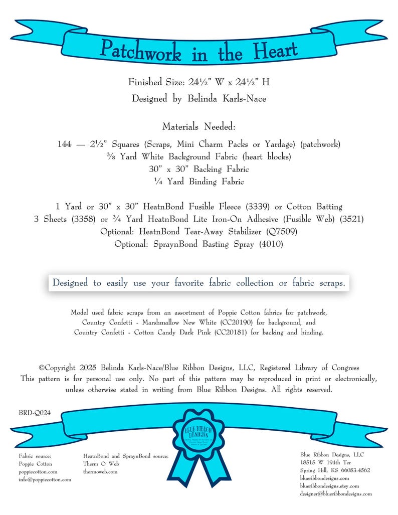 Patchwork in the Heart - Quilt Pattern - Mini Quilt, Wall Hanging - Scrap Quilt - Appliqué Heart Quilt - Paper Pattern BRD-Q024