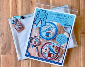 Perched with a Pennant Vintage Zinc Lid Pincushions Cross Stitch Pattern & Finishing Kit – Threadworxs Fair Class – Limited Edition