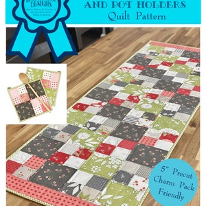 Floral Charm Table Runner and Pot Holders Quilt Pattern - Digital Pattern PDF Download