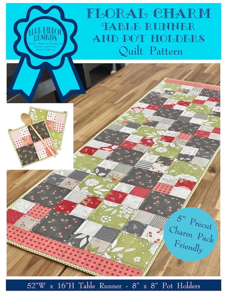 Floral Charm Table Runner and Pot Holders Quilt Pattern - Digital Pattern PDF Download