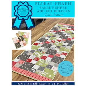Floral Charm Table Runner and Pot Holders Quilt Pattern - Paper Pattern