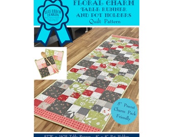 Floral Charm Table Runner and Pot Holders Quilt Pattern - Paper Pattern