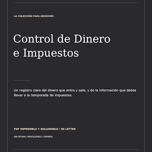 Può includere: Un documento digitale grigio scuro intitolato Mint Pack Studio La Colección para Negocios Control de Dinero e Impuestos. Include testo sul monitoraggio di entrate e uscite per la stagione fiscale, indicato come PDF stampabile e compilabile.