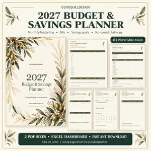 Peut inclure: Un planificateur de budget et d'épargne 2027 avec 64 pages imprimables. La couverture présente des illustrations de branches d'olivier et le texte 2027 Budget & Savings Planner. Inclut un aperçu annuel, budget mensuel, factures et défis.