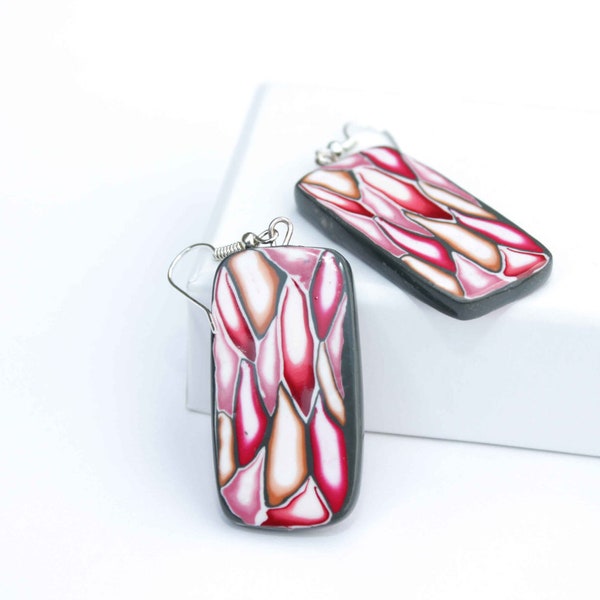 Red White Earrings, Big Red Dangle Earrings, Red Art Earring,  Red Rectangle Earrings, Clay Erearrings