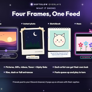 May include: A digital graphic titled Softglow Overlays Four Frames, One Feed displaying four distinct frame styles: Glow, Instant photo, Sketchbook, and Neon. Each frame showcases unique artwork and captions, with a list of features including support for pictures, GIFs, videos, and queueing functionality for Discord channel posts.