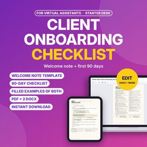 May include: A digital client onboarding checklist for virtual assistants featuring a laptop and tablet displaying document templates. Text includes FOR VIRTUAL ASSISTANTS, STARTER DESK, CLIENT ONBOARDING CHECKLIST, Welcome note + first 90 days, and EDIT DOCS + WORD.