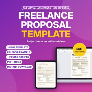 May include: A digital freelance proposal template for virtual assistants on a purple background. Text includes FOR VIRTUAL ASSISTANTS STARTER DESK, FREELANCE PROPOSAL TEMPLATE, Project fee or monthly retainer, 1-PAGE TEMPLATE, FILLED VA EXAMPLE, + 2 EMAIL SCRIPTS, PDF + DOCX, INSTANT DOWNLOAD, and EDIT DOCS + WORD.
