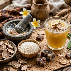 Puede incluir: Un vaso de bebida herbal dorada con rodajas de raíz, acompañado de un mortero de piedra, un cuenco de arroz blanco, bloques de azúcar moreno, raíces leñosas cortadas y flores de plumeria sobre una esterilla tejida.