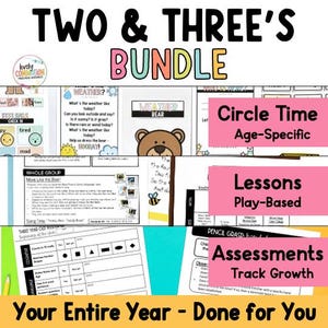 Op de afbeelding: Een digitaal educatief bronnenpakket getiteld TWO & THREE'S BUNDLE met lesplannen voor kleuters, kringactiviteiten en beoordelingsbladen. De materialen bevatten weerkaarten, berenillustraties en checklists voor cognitieve ontwikkeling.