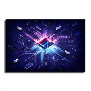 Cyberpunk-CPU-Jet-Poster, Computer-Leiterplatten-Leinwandbild, Neon-Tech-Matrix-Wandkunst, Sci-Fi-Prozessor-Gaming-Zimmerdeko