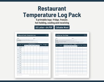 Pakiet dziennika temperatury w restauracji: lodówka, zamrażarka, utrzymywanie ciepła, chłodzenie, odbiór (PDF + Word)