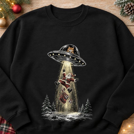 Beams, Alien Cat Sweatshirt, Orange Tabby UFO Beams Up Santa, Christmas Sweater, Color Chalk Pine Trees
