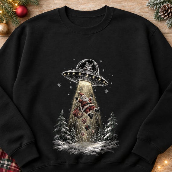 Beams, Alien Cat Sweatshirt, Gray Tabby UFO Beams Up Santa, Snowy Christmas Sweater, Color Chalk Gift