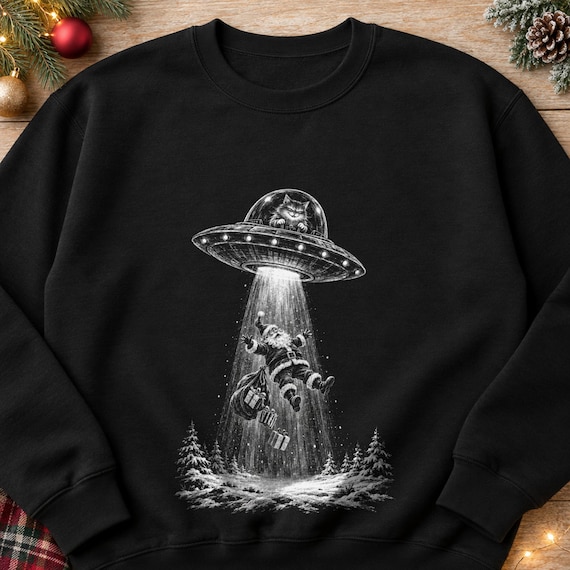 Beams, Alien Cat Sweatshirt, Kitty UFO Beams Up Santa, Christmas Sweater, Chalk Sketch, Funny Retro Gift
