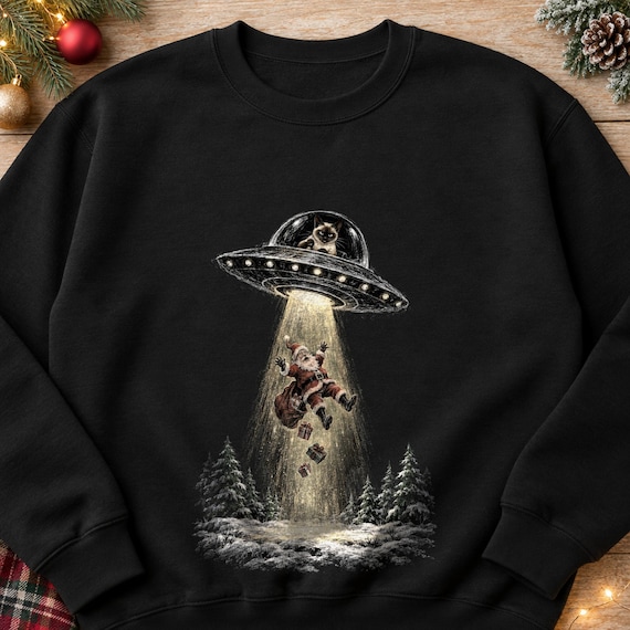 Beams, Alien Cat Sweatshirt, Siamese Kitty UFO Beams Up Santa, Christmas Sweater, Color Chalk Funny Gift