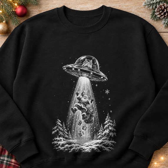 Beams, Alien Cat Sweatshirt, Kitty UFO Beams Up Santa, Snowy Christmas Sweater, Chalk Sketch Retro Gift