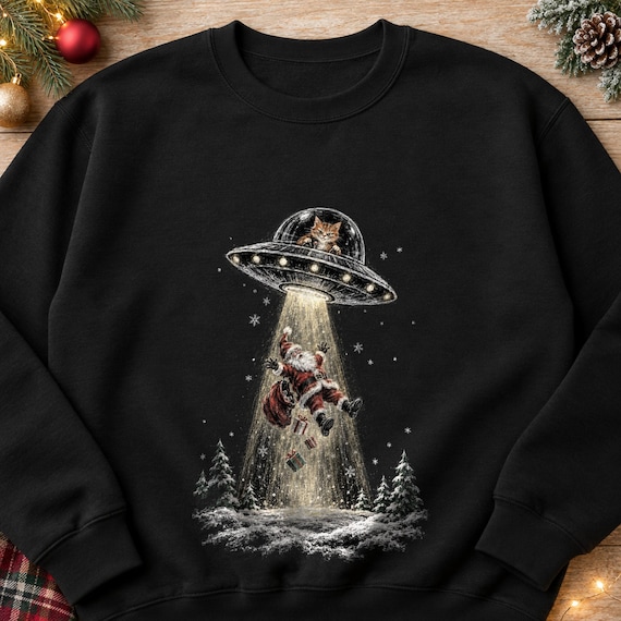 Beams, Alien Cat Sweatshirt, Orange Tabby UFO Beams Up Santa, Snowy Christmas Sweater, Color Chalk Gift