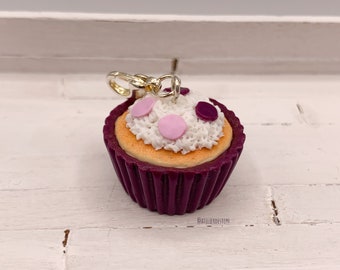 Purple purple cupcake pendant or charm, whipped cream décor purple and purple purple in fimo, gourmet jewel