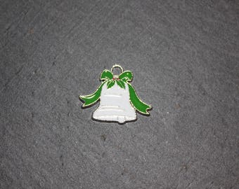 Christmas bell pendant charm in silver metal and enamel, 28 mm
