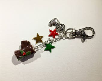 Key ring or Christmas buche bag jewel in polymer pate, e-mailed star charms and Silver Metal Christmas sock charm