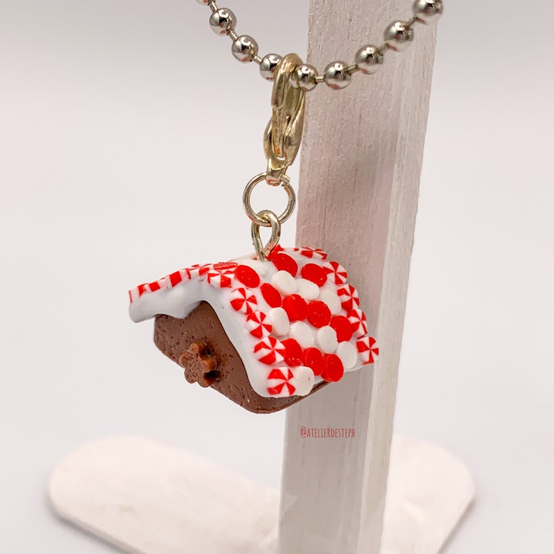 gourmet jewel iced roof red and white lozenges in fimo Pendant or charm small square house in chocolate bread