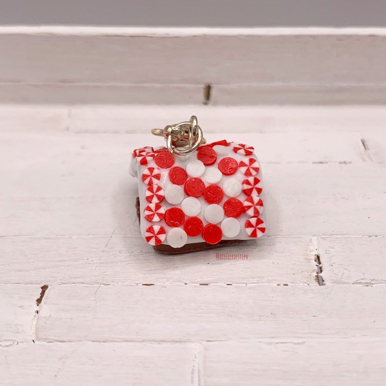 gourmet jewel iced roof red and white lozenges in fimo Pendant or charm small square house in chocolate bread