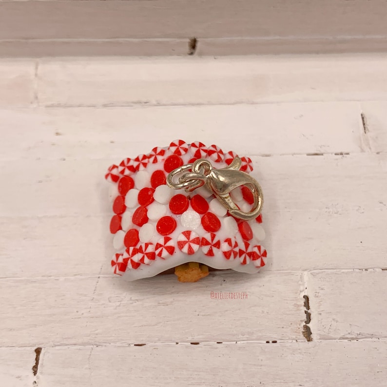 gourmet jewel iced roof red and white lozenges in fimo Pendant or charm small square house in chocolate bread