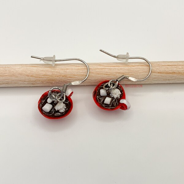 Earrings dinging cup of hot chocolate in red fimo, stainless steel hooks