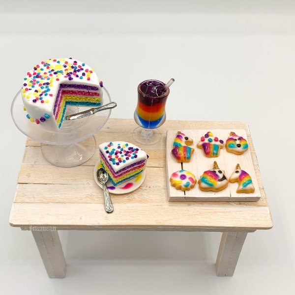 gateau rainbow miniature en fimo, cookies miniatures coloris assortis, miniature 1:12ème