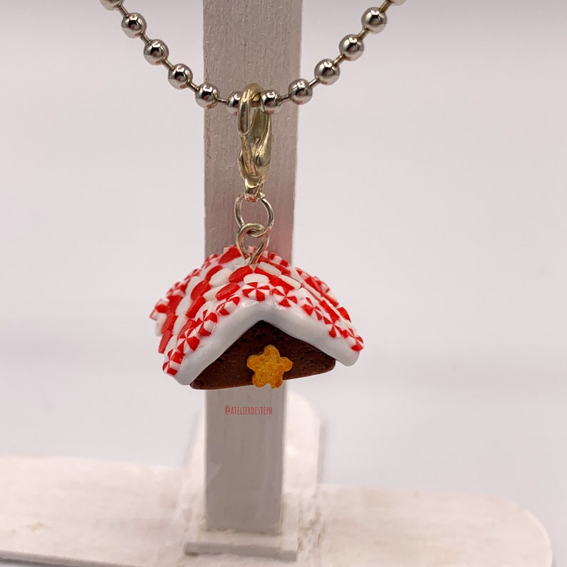 gourmet jewel iced roof red and white lozenges in fimo Pendant or charm small square house in chocolate bread
