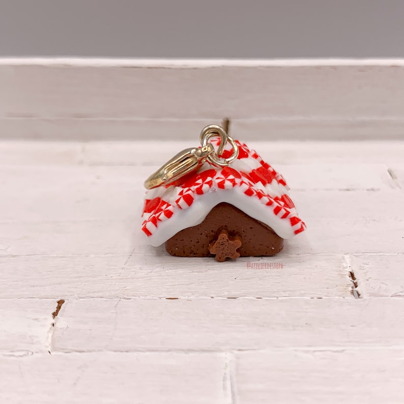 gourmet jewel iced roof red and white lozenges in fimo Pendant or charm small square house in chocolate bread