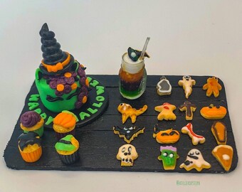 Scène miniature d’Halloween en fimo néon, gâteau licorne-sorcière, mini cupcake d’Halloween, petits biscuits d’Halloween, miniature 1:12ème