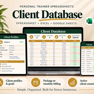 Personal Trainer Client Database Spreadsheet, Fitness Client Tracker with Goals and Billing (Digital Download)