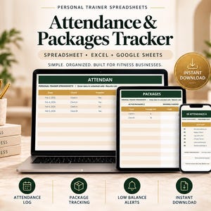 Personal Trainer Session Tracker Spreadsheet, Client Attendance & Package Counter (Digital Download)