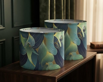 Blue Green Floral Lampshade Set of 2, 13 Inch Drum Lamp Shades, Botanical Linen Print, Art Deco Replacement Shades for Table Lamps
