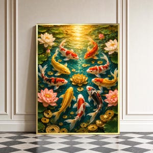 九匹の鯉のポスタープリント、金色の蓮の花のキャンバスグラフィック、中国の風水デザイン、富と幸運のコイン、東洋の池の水の壁飾り