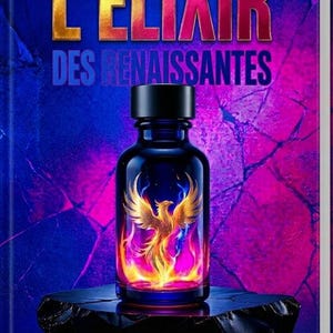 May include: A book cover titled L'ÉLIXIR DES RENAISSANTES featuring a dark blue glass bottle with a black cap. The bottle displays a golden phoenix graphic surrounded by flames. The background is a vibrant purple and blue cracked texture.
