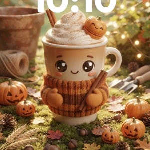 Peut inclure: Une tasse en céramique avec un visage de dessin animé portant un pull en tricot marron, remplie de crème fouettée et surmontée d'un petit macaron citrouille et de bâtons de cannelle, entourée de citrouilles et de feuilles d'automne.