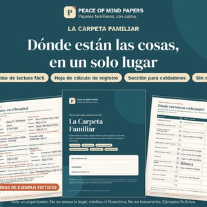 Può includere: Un organizzatore di documenti digitale intitolato La Carpeta Familiar di Peace of Mind Papers. Il set include pagine PDF compilabili per informazioni mediche, sezioni per assistenti e registri di tracciamento documenti.
