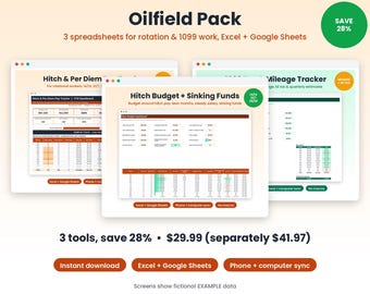 Oilfield Pack Spreadsheet Bundle, Hitch Pay Tracker, Hitch Budget, 1099 Tax & Mileage Tracker, Rotation Work, Excel and Google Sheets