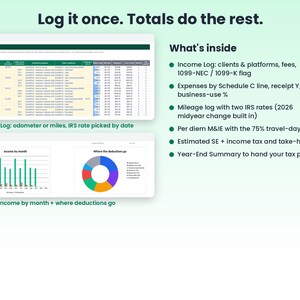 1099 Tax Tracker Spreadsheet, Mileage Log, Self Employed Quarterly Tax Estimator, Schedule C Expense Tracker, Rideshare, Phone Sync image 3