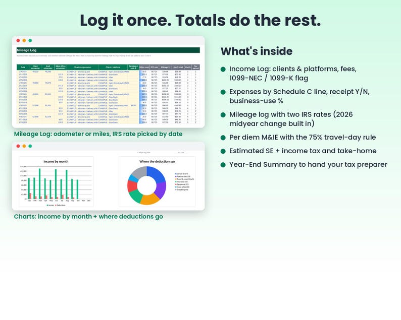 1099 Tax Tracker Spreadsheet, Mileage Log, Self Employed Quarterly Tax Estimator, Schedule C Expense Tracker, Rideshare, Phone Sync image 3