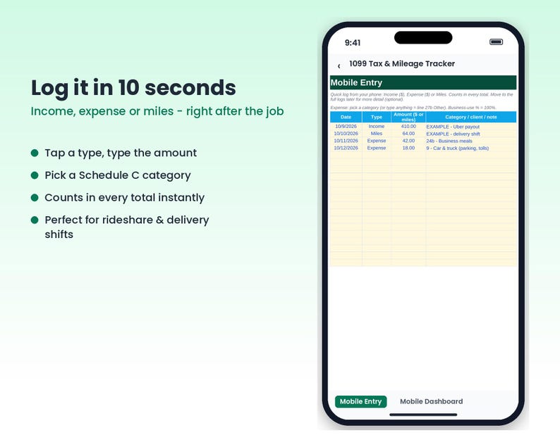 1099 Tax Tracker Spreadsheet, Mileage Log, Self Employed Quarterly Tax Estimator, Schedule C Expense Tracker, Rideshare, Phone Sync image 6