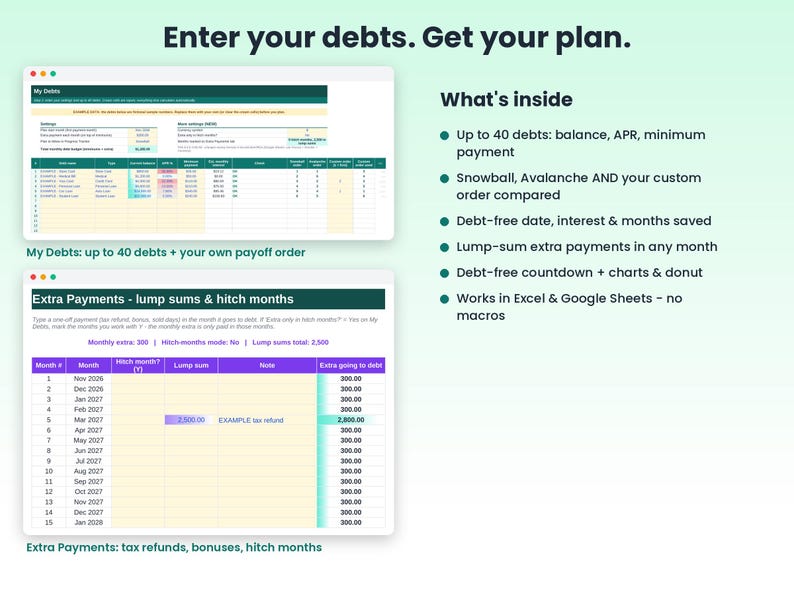 Planilha Calculadora de Bola de Neve de Dívidas, Avalanche de Dívidas, Calculadora de Quitação de Dívidas no Google Sheets e Excel, Rastreador de Pagamento de Cartão de Crédito, Data para se Tornar Livre de Dívidas imagem 3